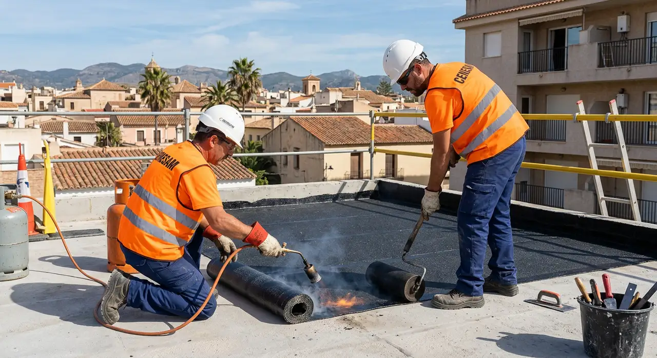 Operarios instalando impermeabilización
