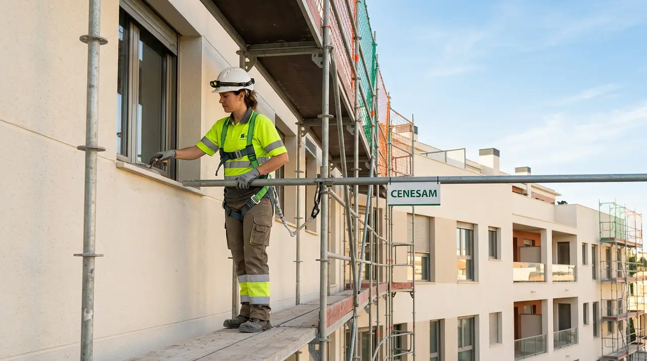 Técnico con equipos de protección en una fachada