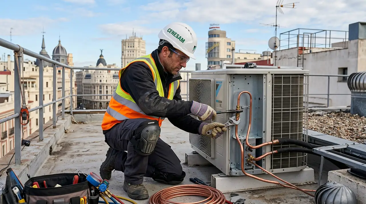 Técnico de CENESAM con casco conectando tuberías de cobre en unidad condensadora