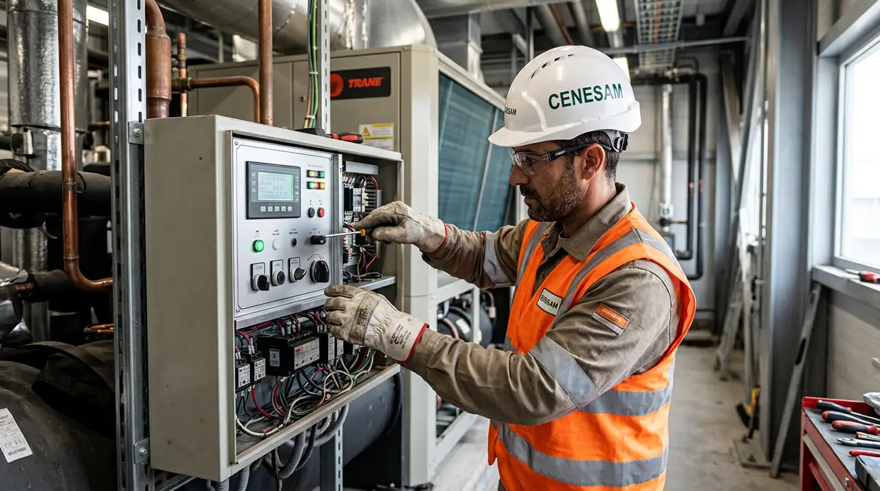 Técnico de CENESAM con EPI ajustando panel de control de climatización comercial