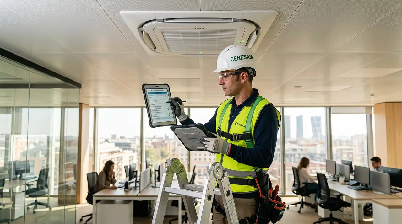 Técnico de CENESAM con EPI inspeccionando cassette de climatización instalado en oficina