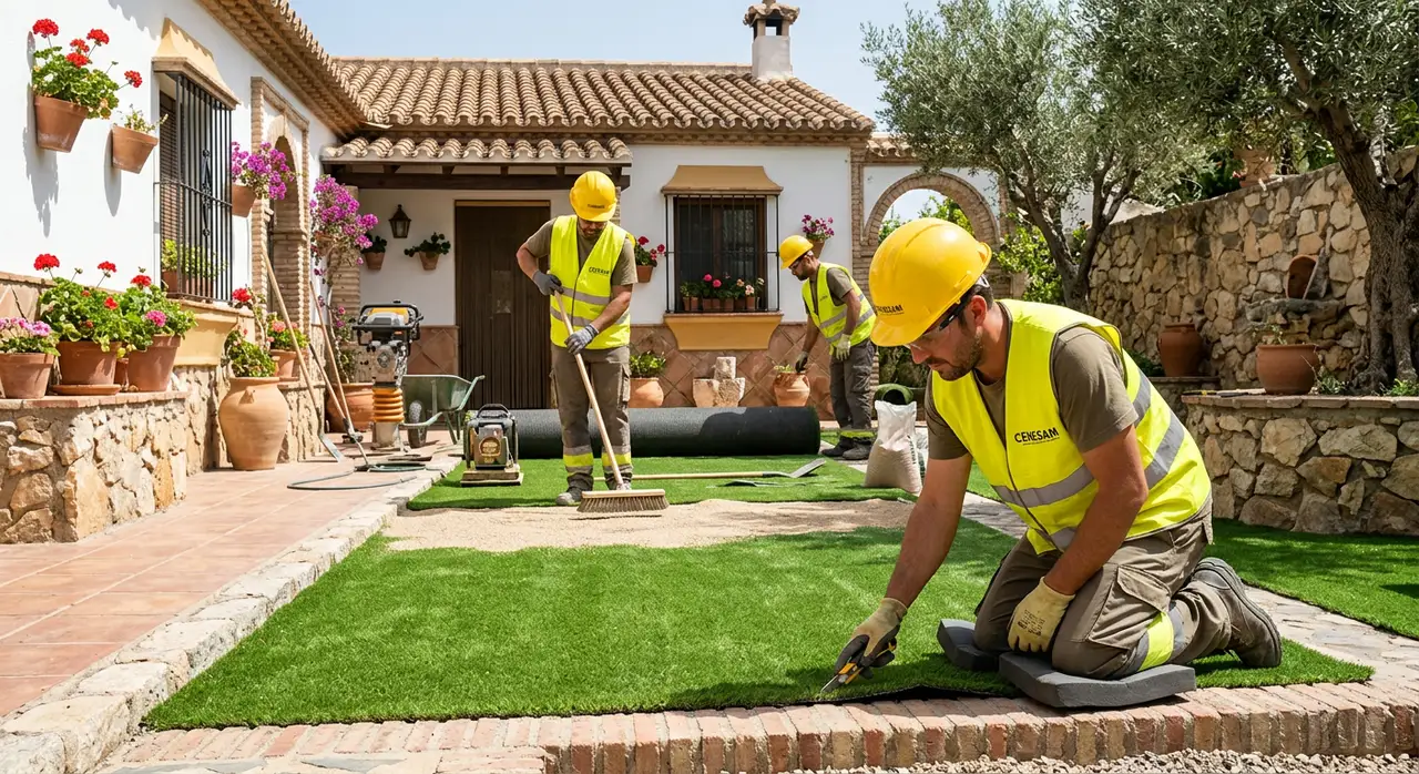 Instalación de césped sintético en patio exterior en Madrid