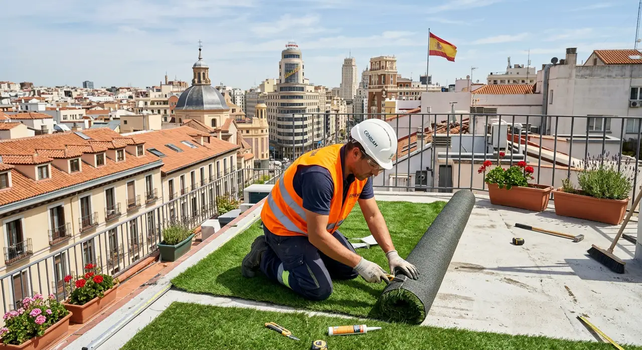 Colocación de césped sintético en azotea con vistas