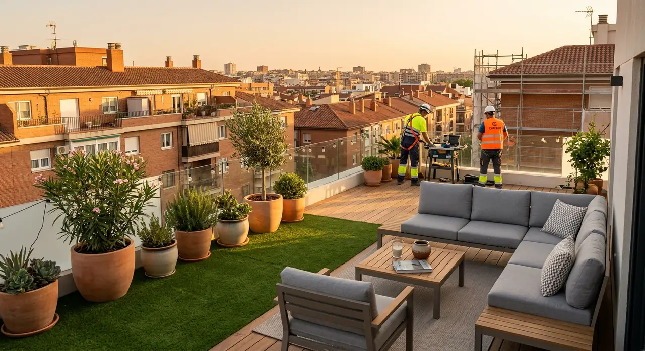 Terraza acabada con césped, tarima y mobiliario