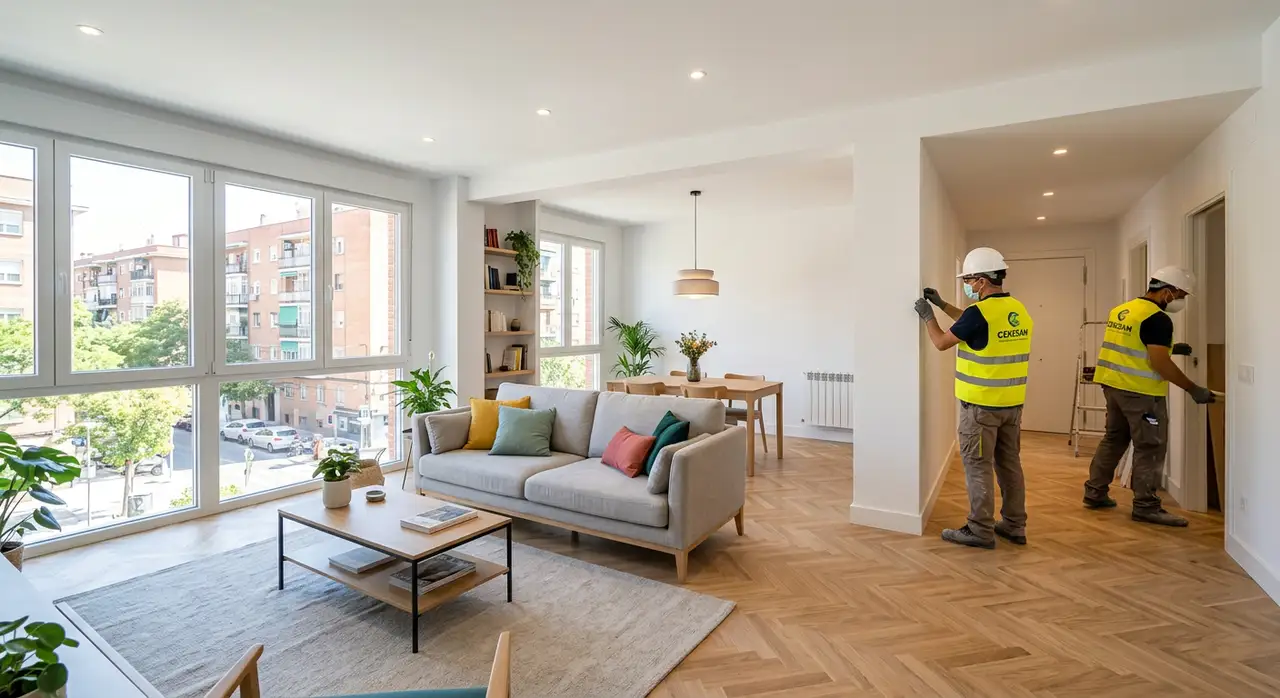 Salón reformado en Ciudad Lineal con parquet nuevo y pareds blancas